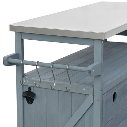 Rolling Outdoor Kitchen Island with Stainless Steel Top, Grey Blue Fir Wood Bar Cart & Storage Cabinet for BBQ and Garden Parties