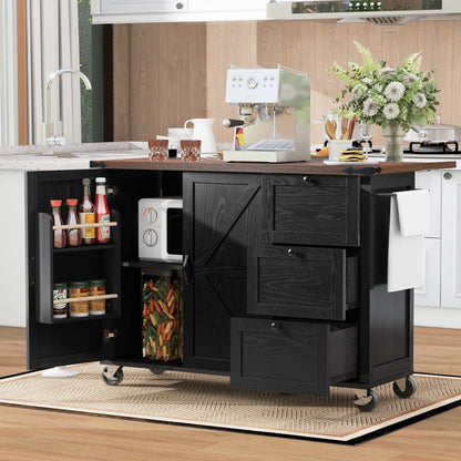 54.5" Rustic Farmhouse Kitchen Island with Power Outlet, Internal Storage, Drop Leaf, and Rolling Wheels for Home and Dining Room - Black