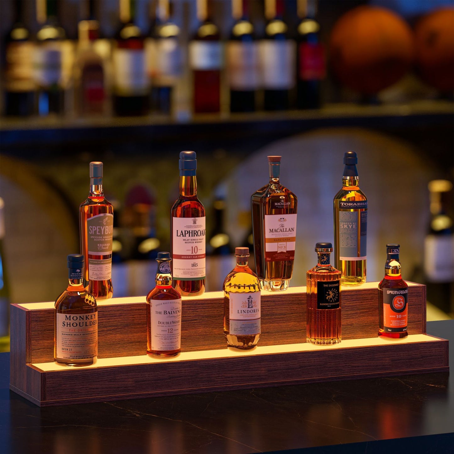 Illuminated Walnut Liquor Display With LED Rack 37 Inch Bar