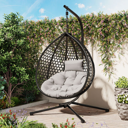 Sturdy Hammock Chair With Stand For Indoor Outdoor Use Rattan Weave Egg Swing With Removable Cushion Black and Gray