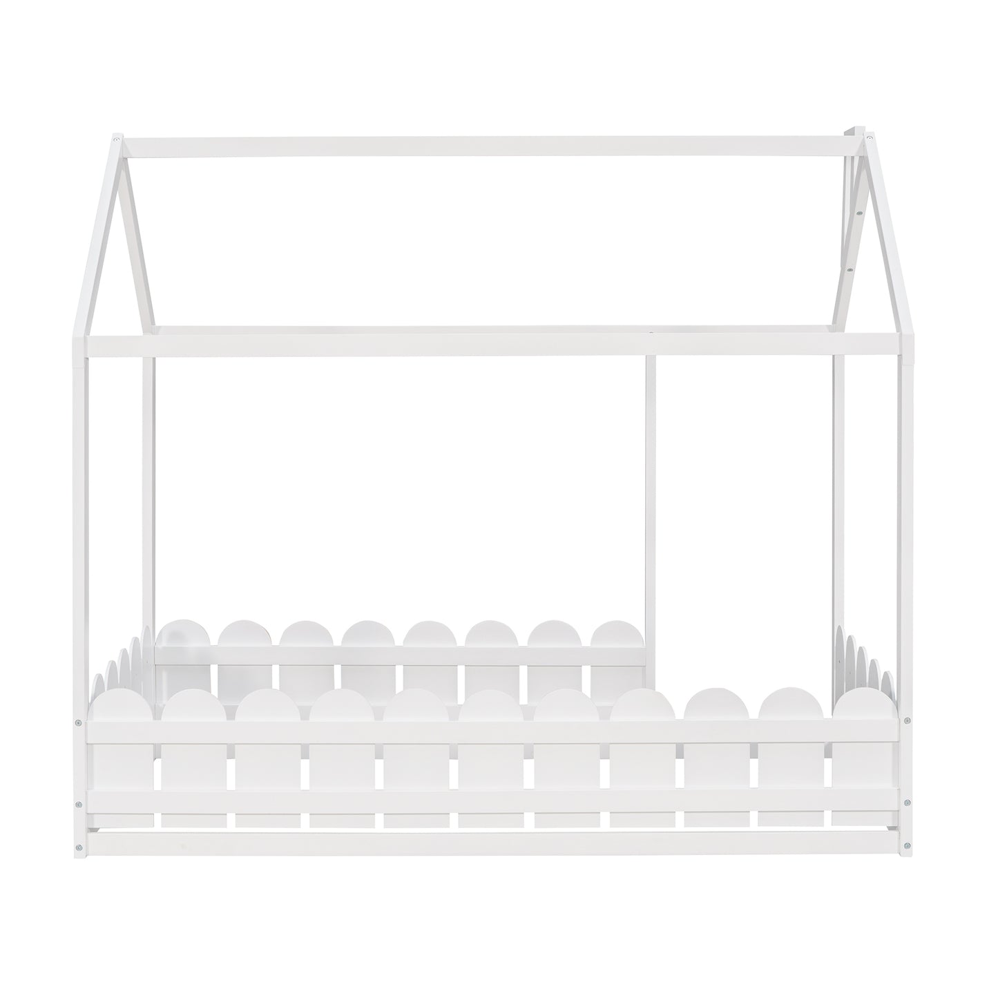 Twin Size Wooden House Bed Frame with Fence - Creative Sleep & Play Space for Kids, Teens, and Children - White Finish