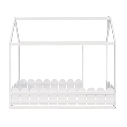 Twin Size Wooden House Bed Frame with Fence - Creative Sleep & Play Space for Kids, Teens, and Children - White Finish