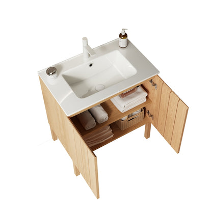 NIKO 30" Modern Freestanding Bathroom Vanity with Double Doors and Glossy White Sink, Natural Wood Finish