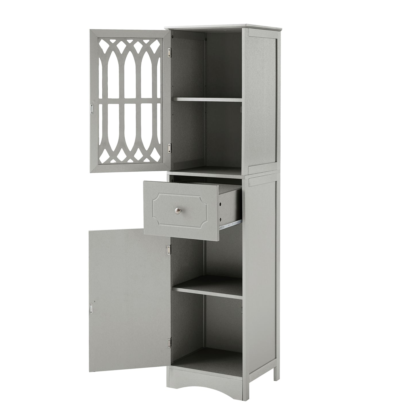 Sleek Grey Freestanding Bathroom Storage Cabinet with Adjustable Shelves and Acrylic Doors