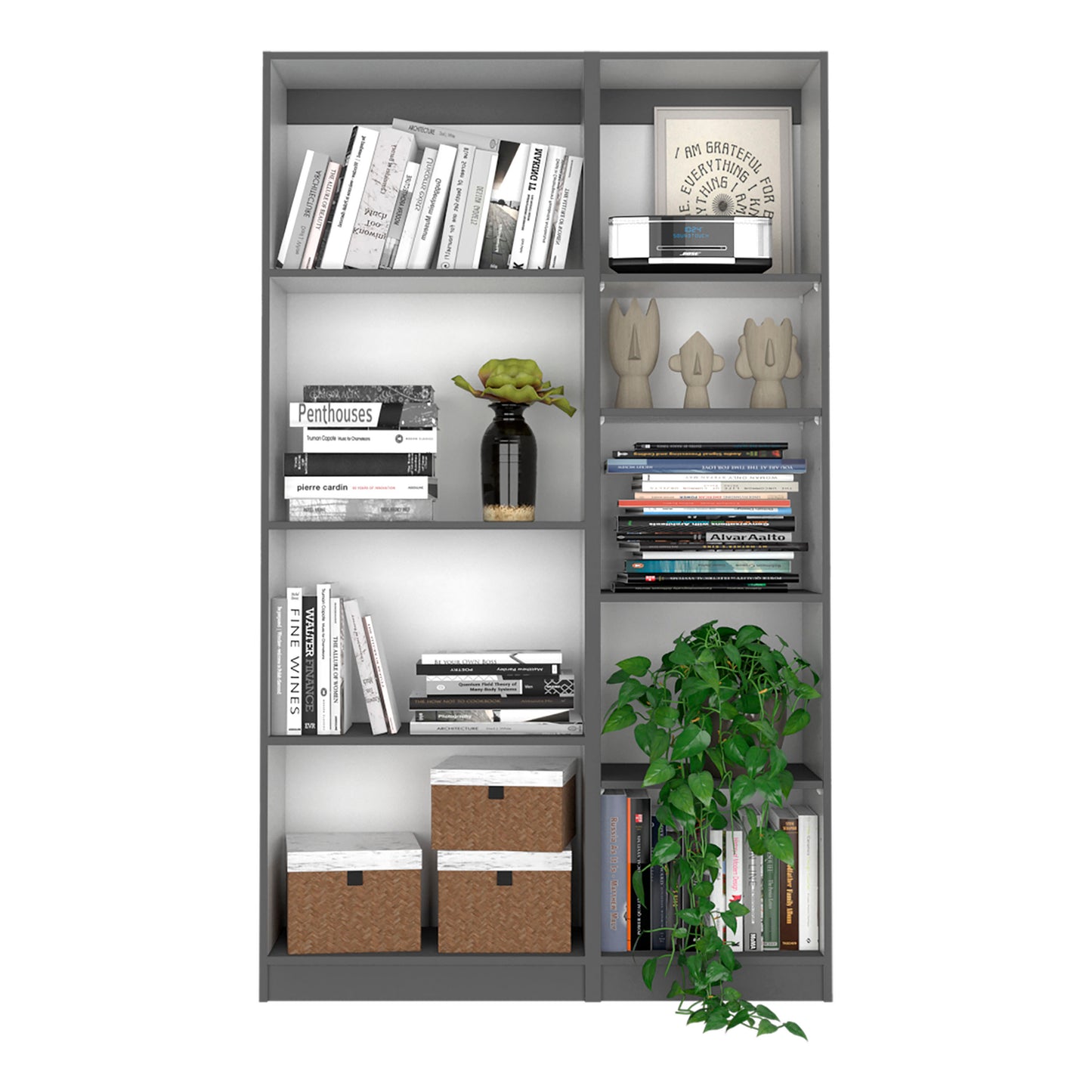 Modern 2-Piece Living Room Bookcase Set with 9 Versatile Shelves in Matt Gray & White