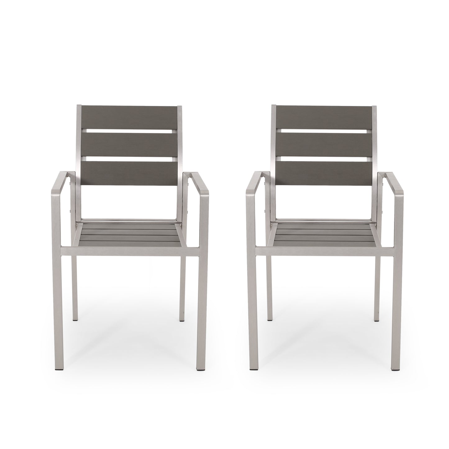 Outdoor Aluminum Dining Chair Set Of 2 With Faux Wood Seat For Patio Use Lightweight And Durable Gray And Silver