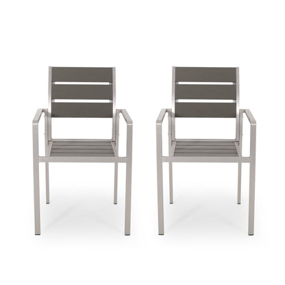 Outdoor Aluminum Dining Chair Set Of 2 With Faux Wood Seat For Patio Use Lightweight And Durable Gray And Silver
