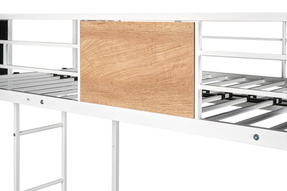 Sturdy Metal Twin Over Full Bunk Bed with Trundle and Safety Guardrails - Space-Saving Design with Noise Reduction and Wooden Accents
