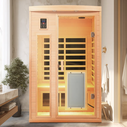 Two-Person Hemlock Far-Infrared Sauna with FrontDoor Heating Panel, Low EMF, LCD, Bluetooth, Natural