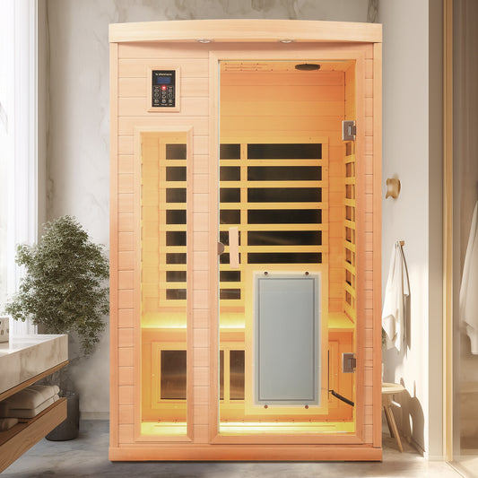 Two-Person Hemlock Far-Infrared Sauna with FrontDoor Heating Panel, Low EMF, LCD, Bluetooth, Natural