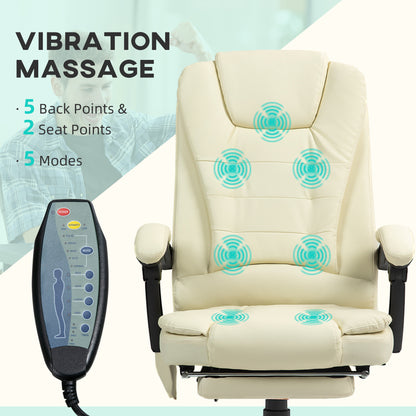 Cream White 7-Point Vibrating Massage Office Chair with Reclining Back and Footrest, Ergonomic Design for Ultimate Comfort
