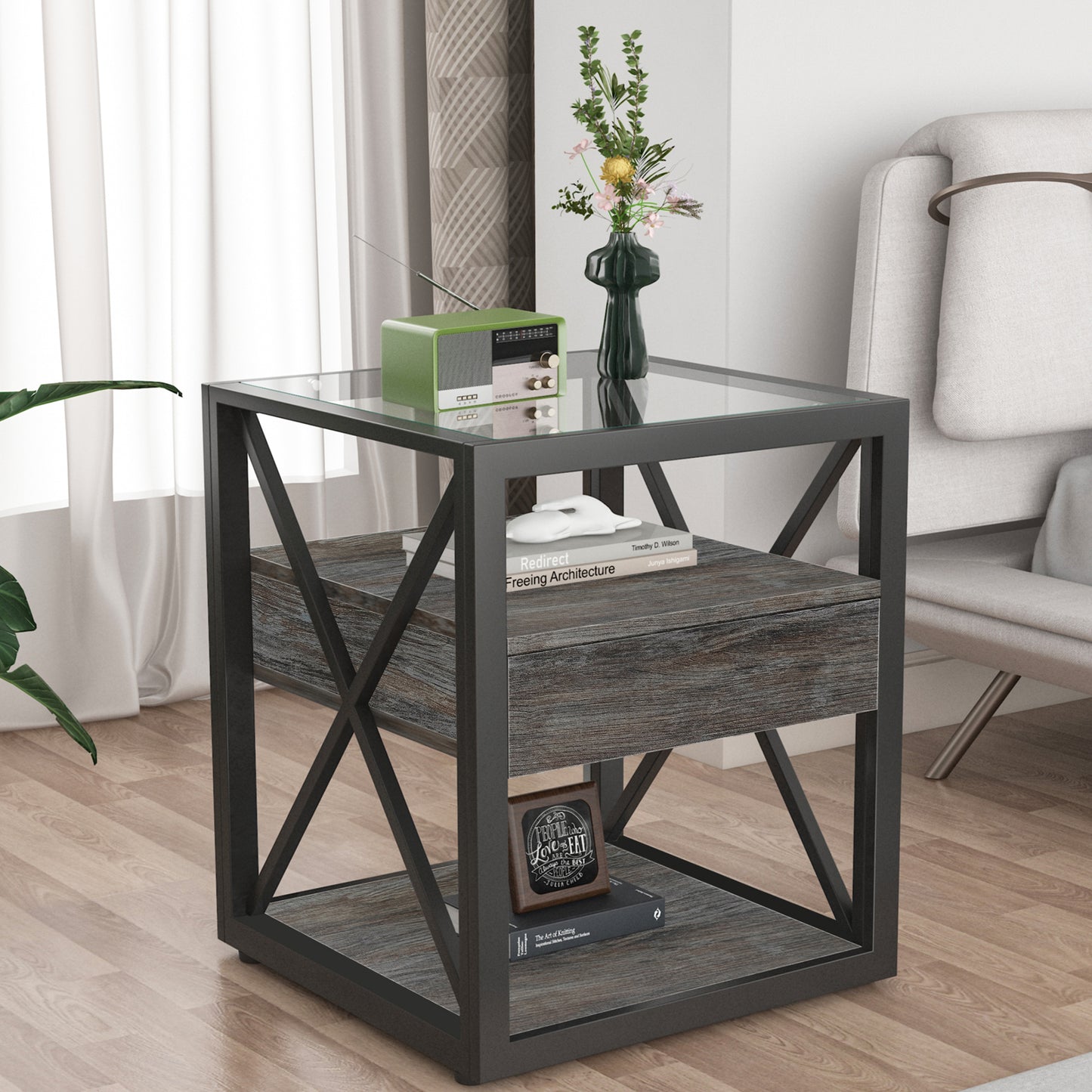 Industrial End Table with Drawer, Tempered Glass Top, 17.7 x 17.7 x 21.1 in, 3-Tier Storage Natural Wood