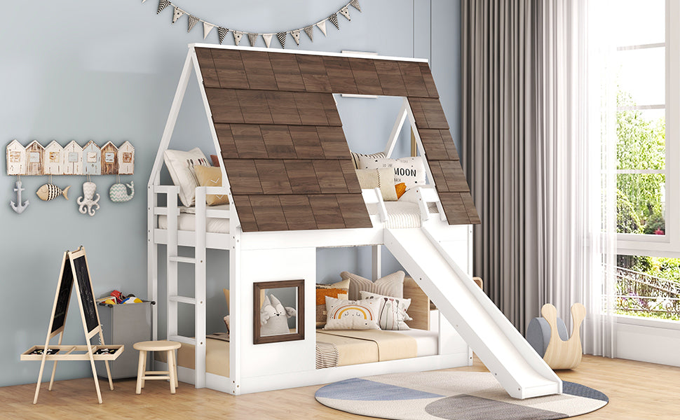 Wooden Twin House Bunk Bed with Roof, Ladder, and Slide in White and Brown