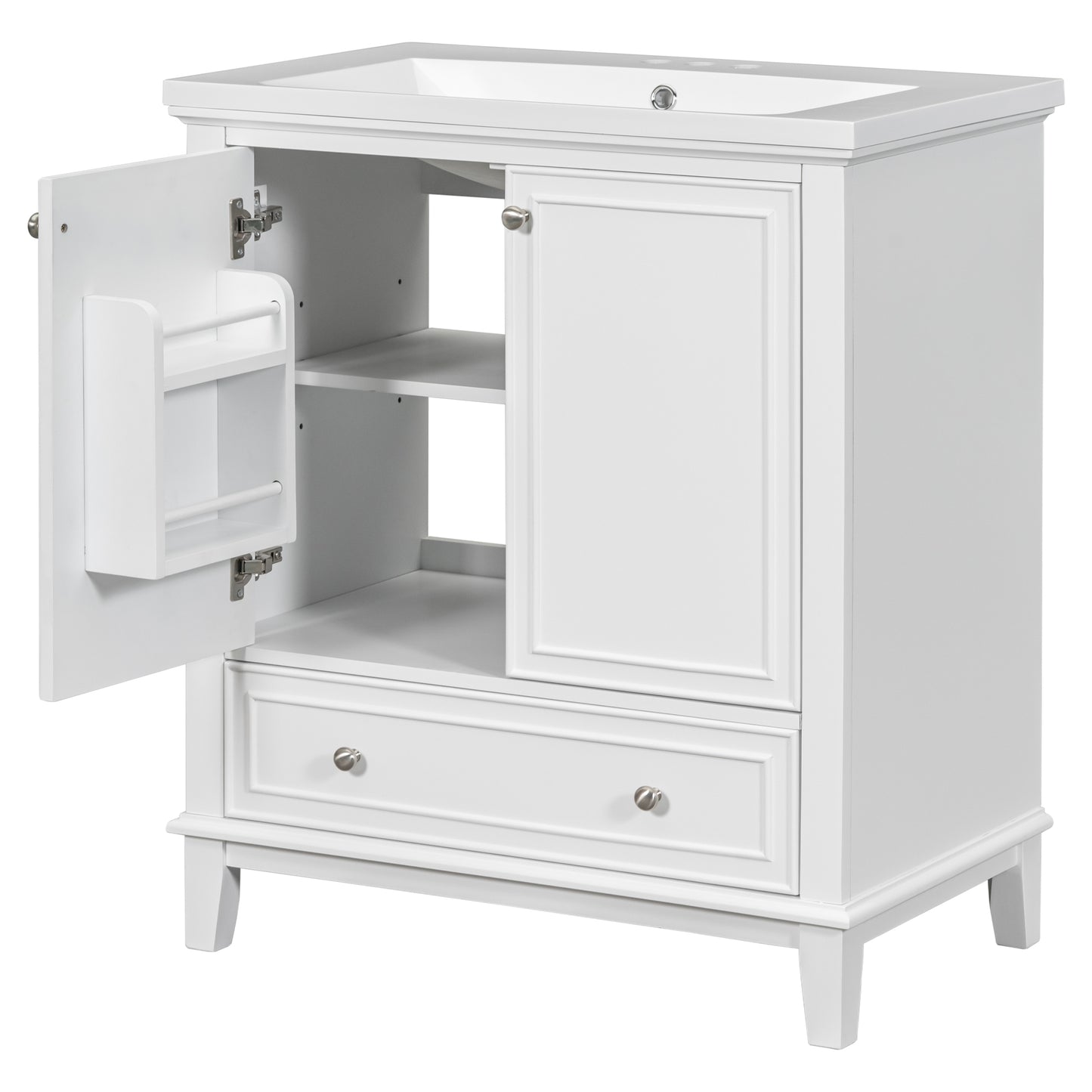 30" Modern Bathroom Vanity with Ceramic Sink, Multi-Storage Cabinet with Adjustable Shelves, Durable Solid Wood & MDF Construction, White Finish