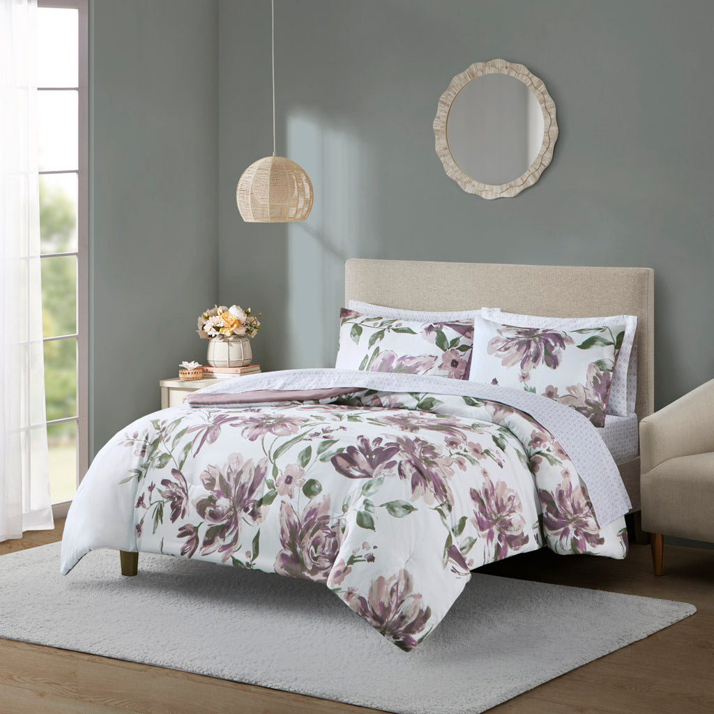Full Size Floral Bed-in-a-Bag Comforter Set with Polyester Microfiber, Includes Shams & Sheets, Mauve