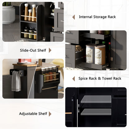 K&K Multifunctional Rolling Kitchen Cart with Rubber Wood Top, 3 Drawers, 2 Slide-Out Shelves, and Ample Storage, Mobile Kitchen Island with Spice Rack & Tower Rack in Black