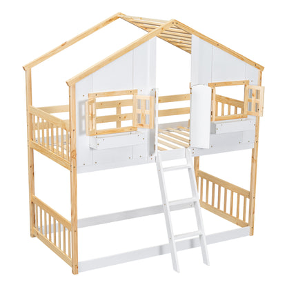 Twin House Bunk Bed for Kids with Roof, Windows, and Safety Features - Natural/White Finish