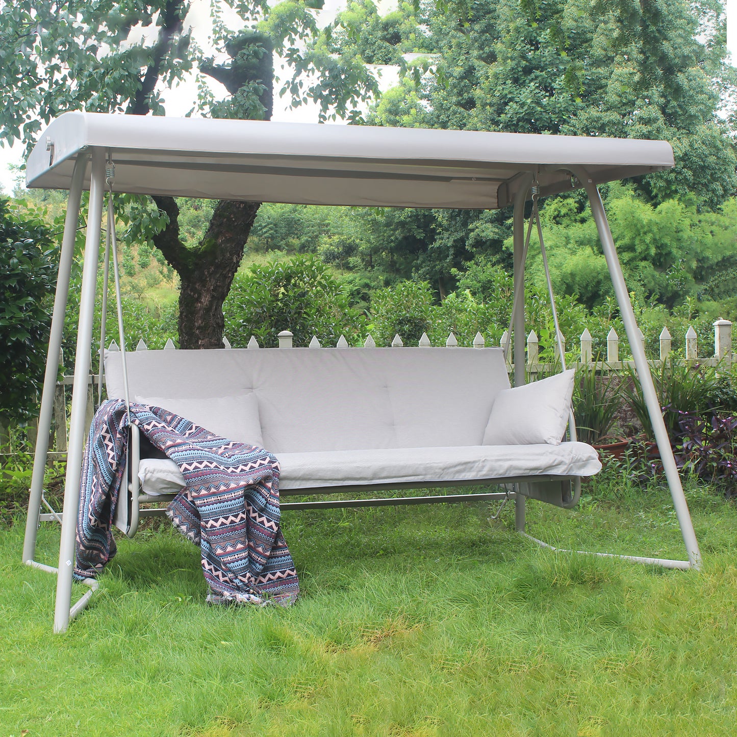 Outdoor Patio 3 Seater Metal Swing Bed With Cushions And Canopy For Garden Use Weather Resistant Frame Champagne