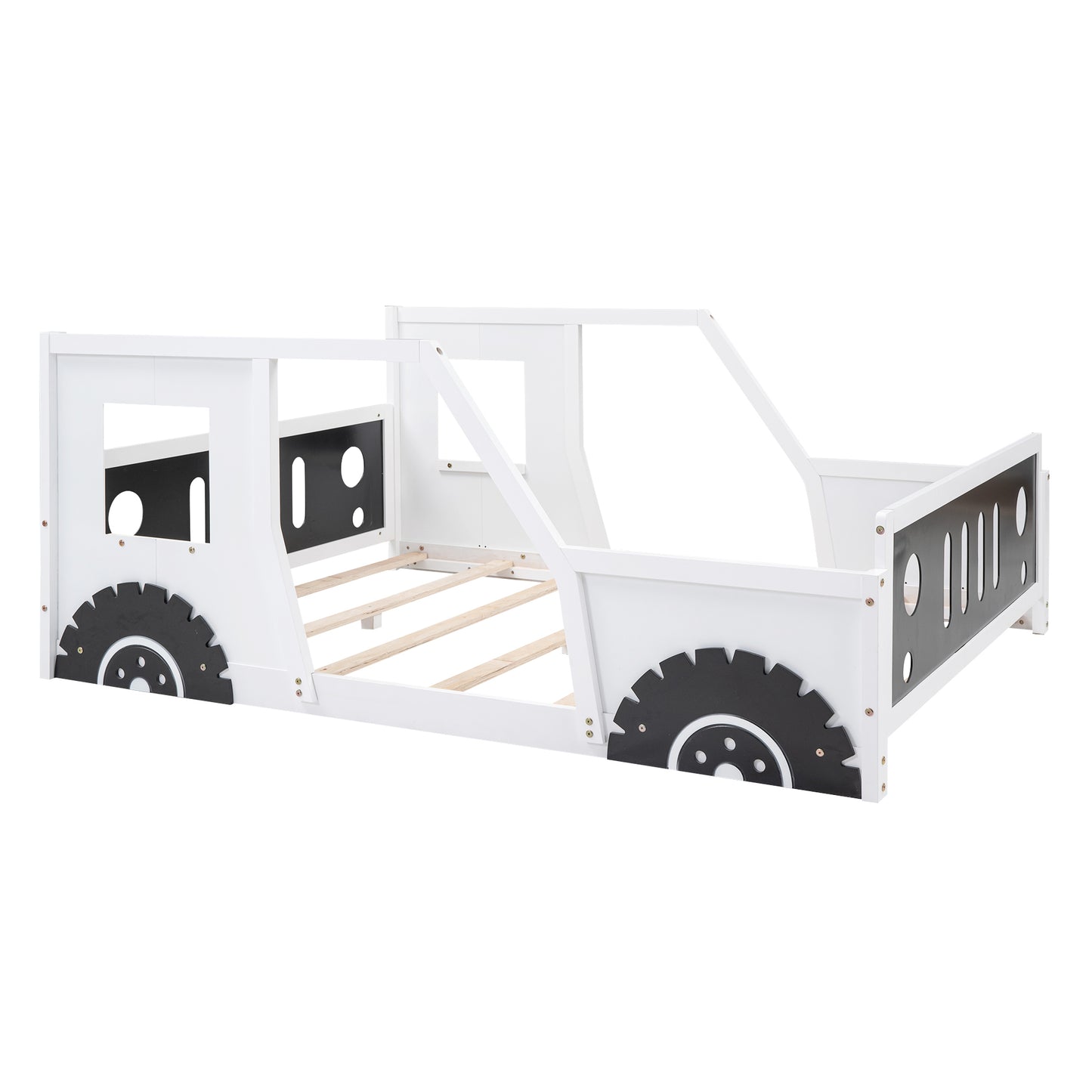 Classic Car-Themed Full Size Platform Bed with Wheels in White