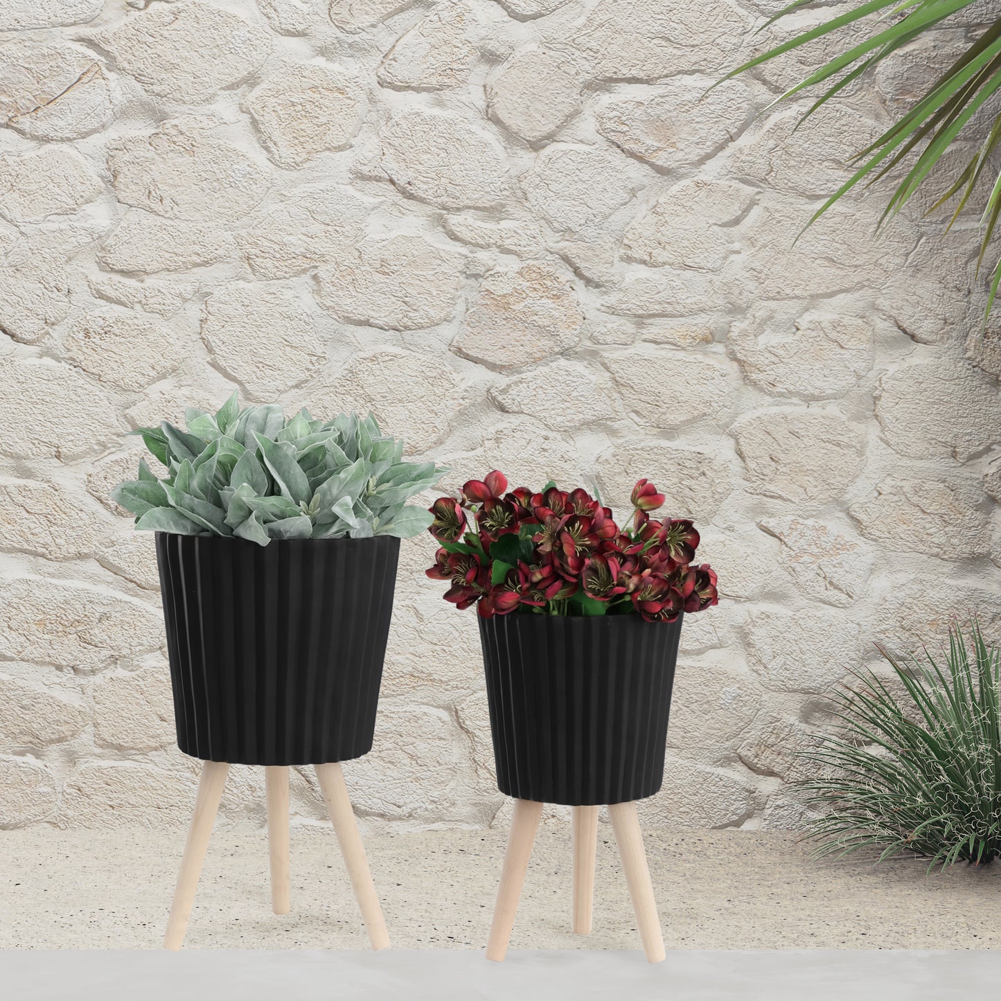 Set of 2 Ridged Planters with Wood Legs, Magnesia 10x10 & 12x12, Indoor/Outdoor, Drainage Holes, Black
