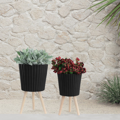 Set of 2 Ridged Planters with Wood Legs, Magnesia 10x10 & 12x12, Indoor/Outdoor, Drainage Holes, Black