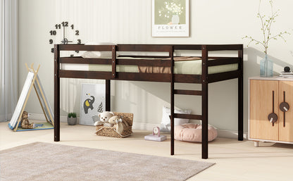 Espresso Rubber Wood Twin Loft Bed with Ladder and Enhanced Support Slats