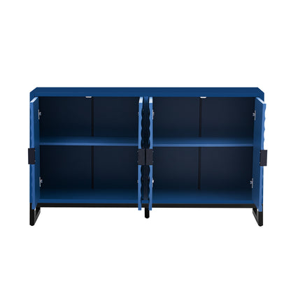 U-Style Storage Cabinet Sideboard Wooden Cabinet with Stunning Water Wave Door Design, Rubberwood Veneer and Adjustable Shelves,Suitable for Living Rooms, Entrance and Study Rooms, Blue