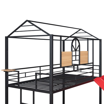 Twin Over Twin Metal Bunk Bed with Fun Slide – Available in Three Chic Colors (Black/Red, Black/Black, White/White)