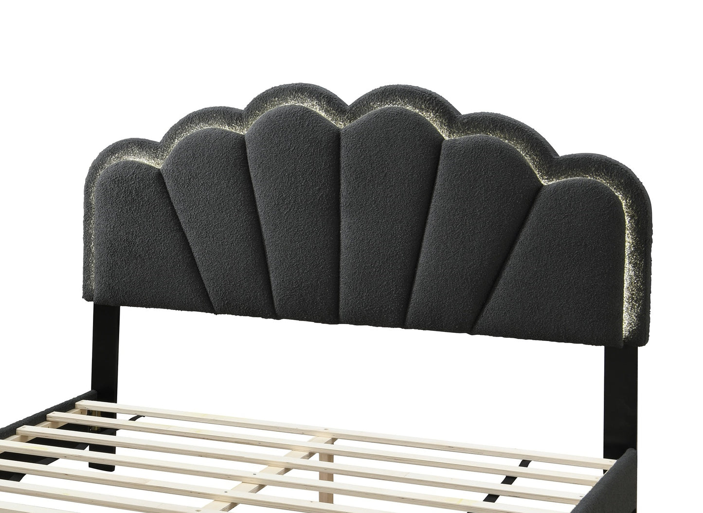 Elegant Charcoal Wool Floral Queen Bedframe with LED Lighted Headboard