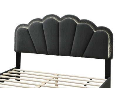 Elegant Charcoal Wool Floral Queen Bedframe with LED Lighted Headboard