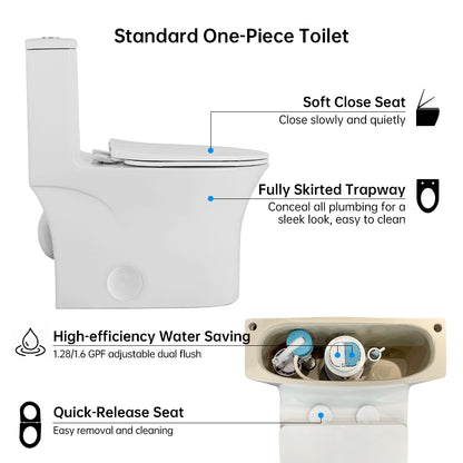 Comfort Height Elongated One-Piece Toilet with Dual-Flush System, CUPC & WaterSense Certified, White Ceramic, Soft Close Seat T039WT