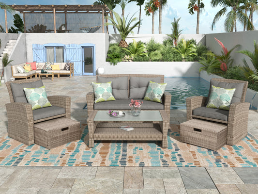 4 Piece Outdoor Conversation Set With Wicker Sectional Sofa And Ottoman Cushions 50in L By 27.5in W Gray