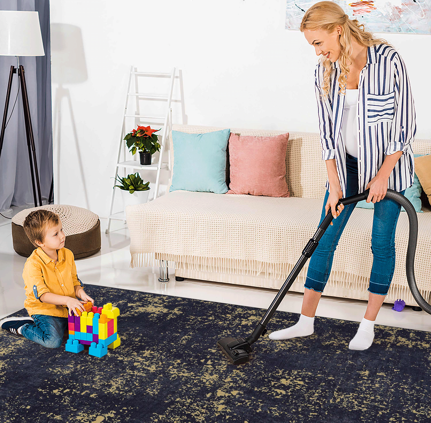 8x10 Washable Area Rug, Low-Pile, Non-Slip, Foldable, Kid & Pet Friendly for Dining Black-Gold
