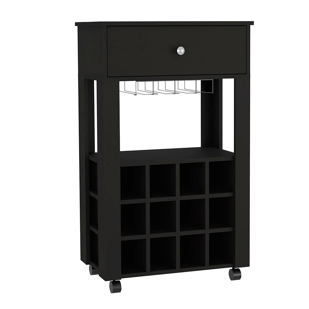 Modern Black Wengue Bar Cart With Twelve Wine Cubbies