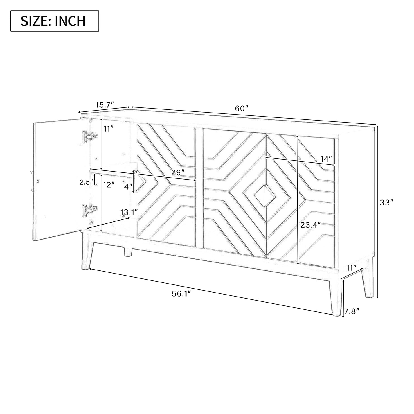 4-Door Sideboard Storage Cabinet for Living Room and Dining Room, Two Large Cabinets with Gold Handles and Adjustable Shelf, Black