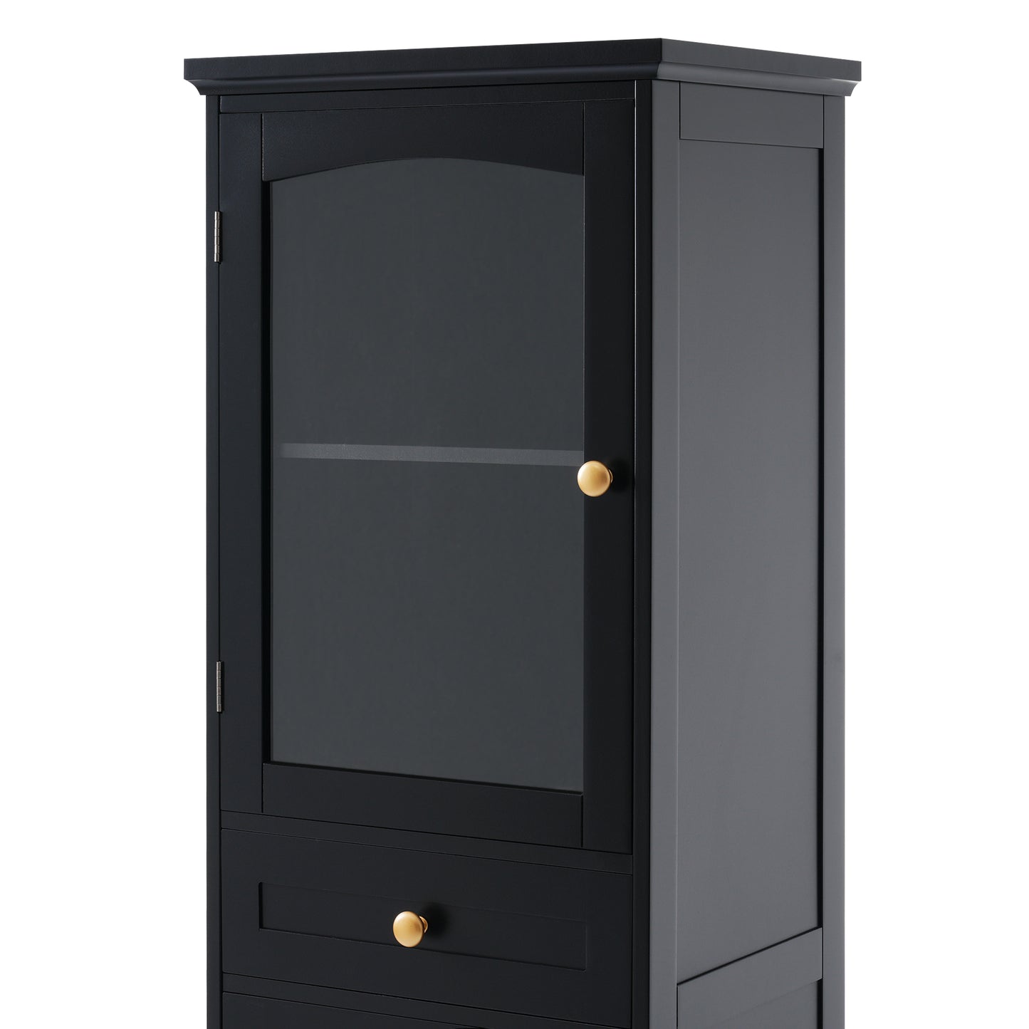 63" Tall Bathroom Storage Cabinet with Glass Doors, Free-Standing, Two Drawers, and Adjustable Shelves, MDF Board, Painted Black - Perfect for Displaying Your Favorite Items