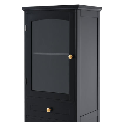 63" Tall Bathroom Storage Cabinet with Glass Doors, Free-Standing, Two Drawers, and Adjustable Shelves, MDF Board, Painted Black - Perfect for Displaying Your Favorite Items