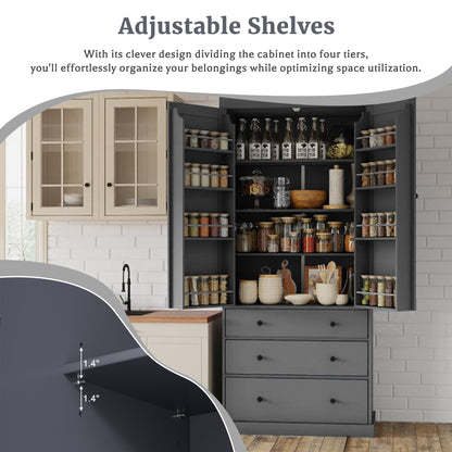 Tall Gray Farmhouse Kitchen Pantry Cabinet with Adjustable Shelves, Drawers, and Door Storage Solutions