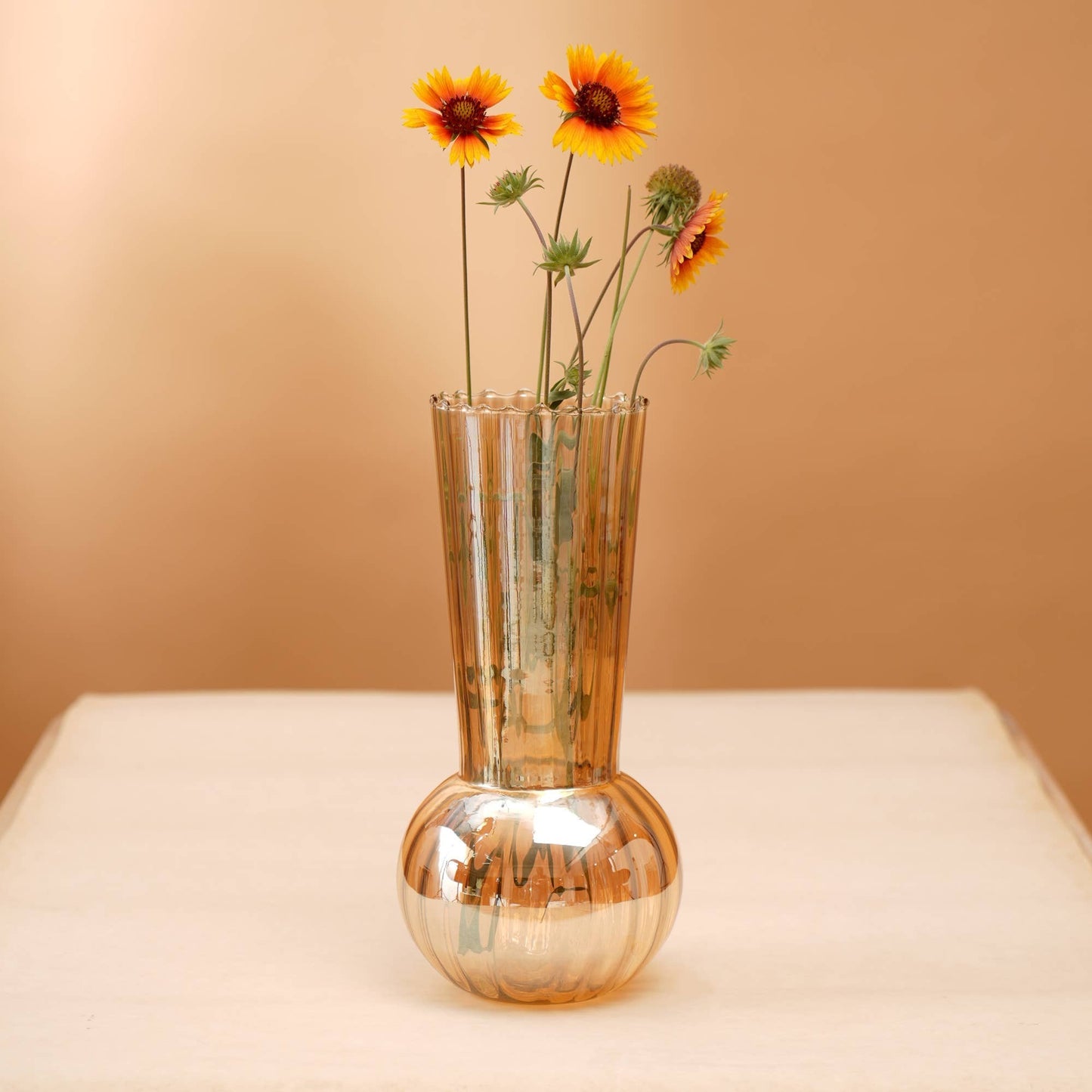 Small Glass Vase with Swirl, Mouth-Blown, Lustre Finish, 6.25 x 9.25 in, Centerpiece for Home, Orange