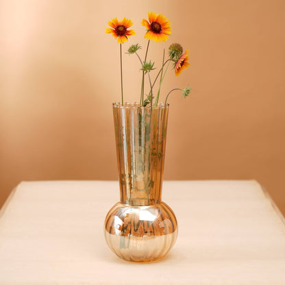 Small Glass Vase with Swirl, Mouth-Blown, Lustre Finish, 6.25 x 9.25 in, Centerpiece for Home, Orange