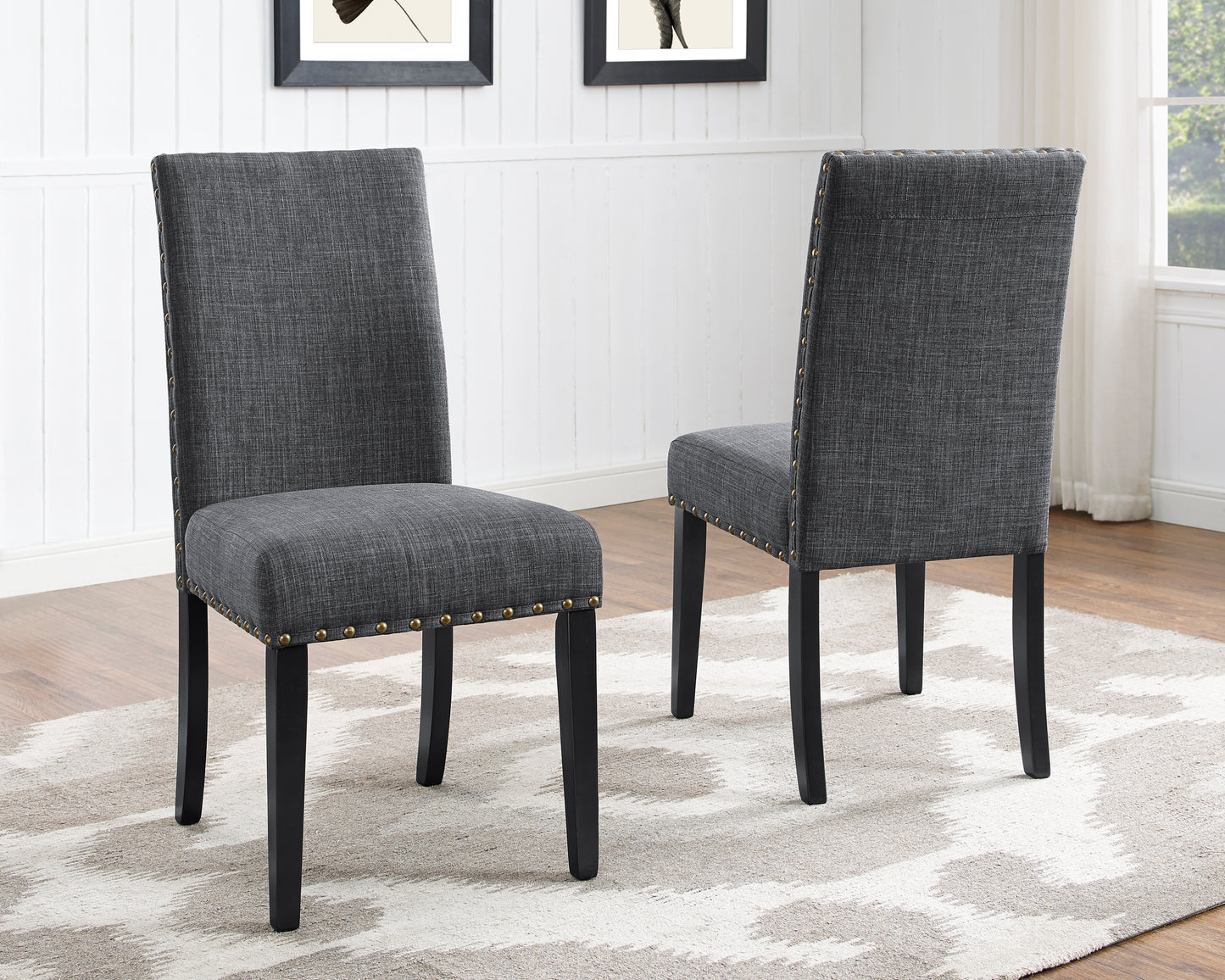 Round 48 Inch Wood Dining Set Four Nailhead Chairs Gray