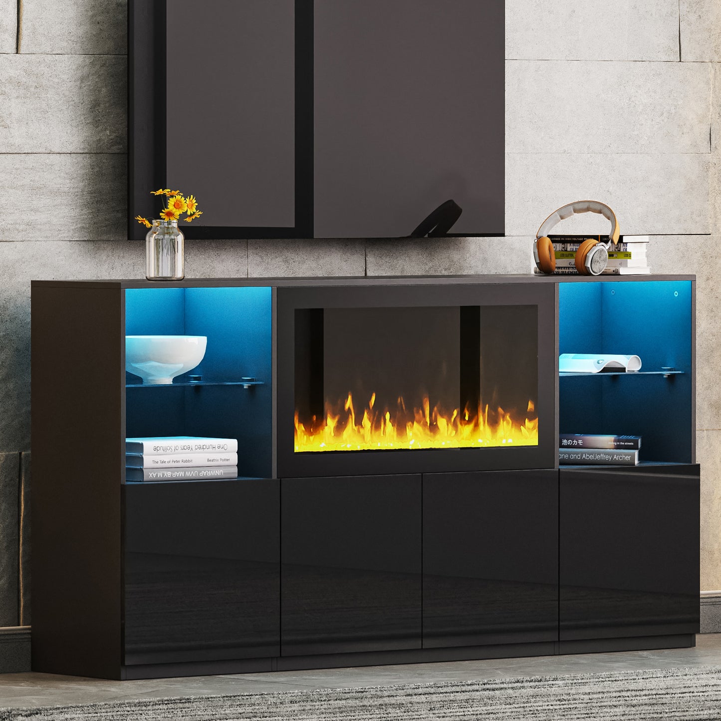 67-Inch High-Gloss TV Console with 34.2-Inch Fireplace, 4 Cabinets, Glass Shelves, Fits 75-Inch TVs Black