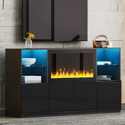 67-Inch High-Gloss TV Console with 34.2-Inch Fireplace, 4 Cabinets, Glass Shelves, Fits 75-Inch TVs Black