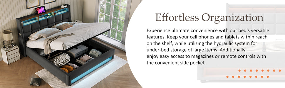 Modern Queen Size Upholstered Platform Bed with Hydraulic Storage, LED Lighting, and USB Port - Grey (Mattress Not Included)