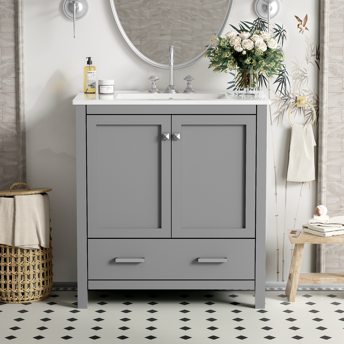 30-Inch Modern Gray Bathroom Vanity with Undermount Sink, Elegant Storage Cabinet Featuring Soft-Close Doors and Multifunctional Design