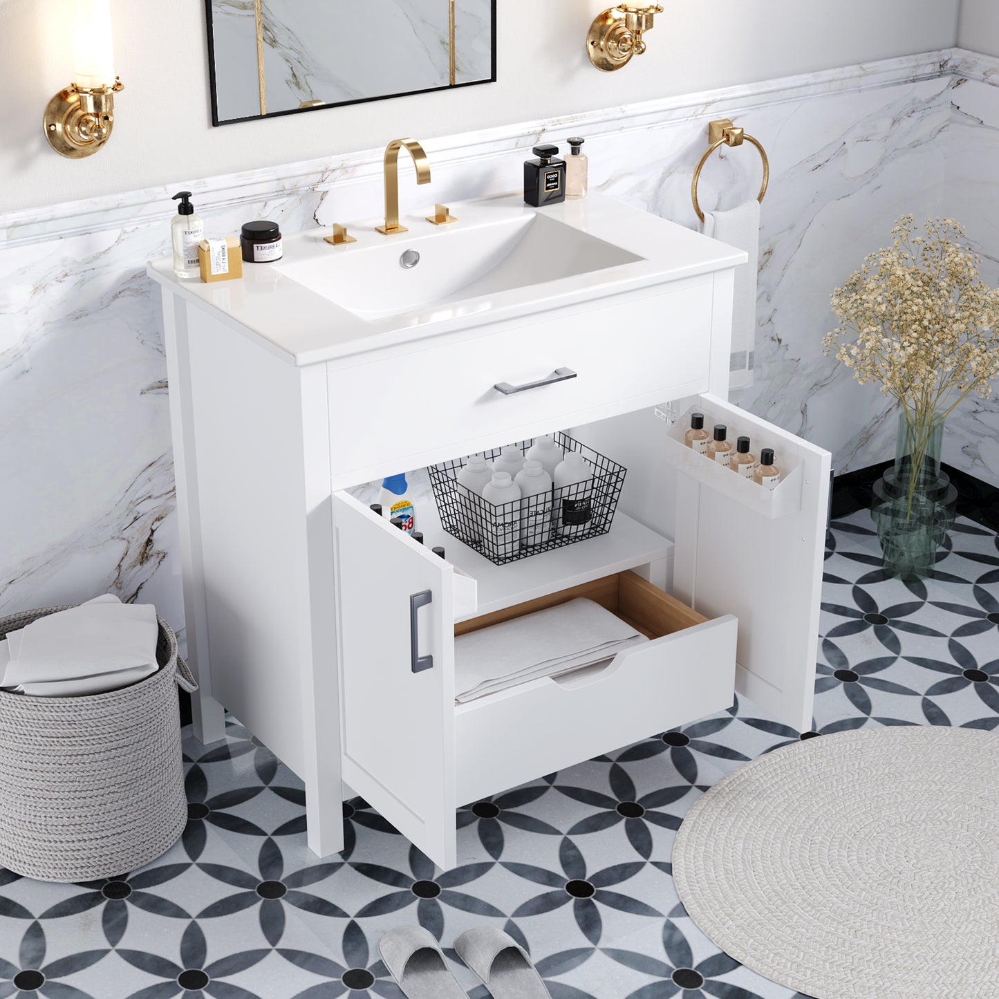Elegant 30-Inch White Bathroom Vanity with Ceramic Sink and Ample Storage for Compact Spaces