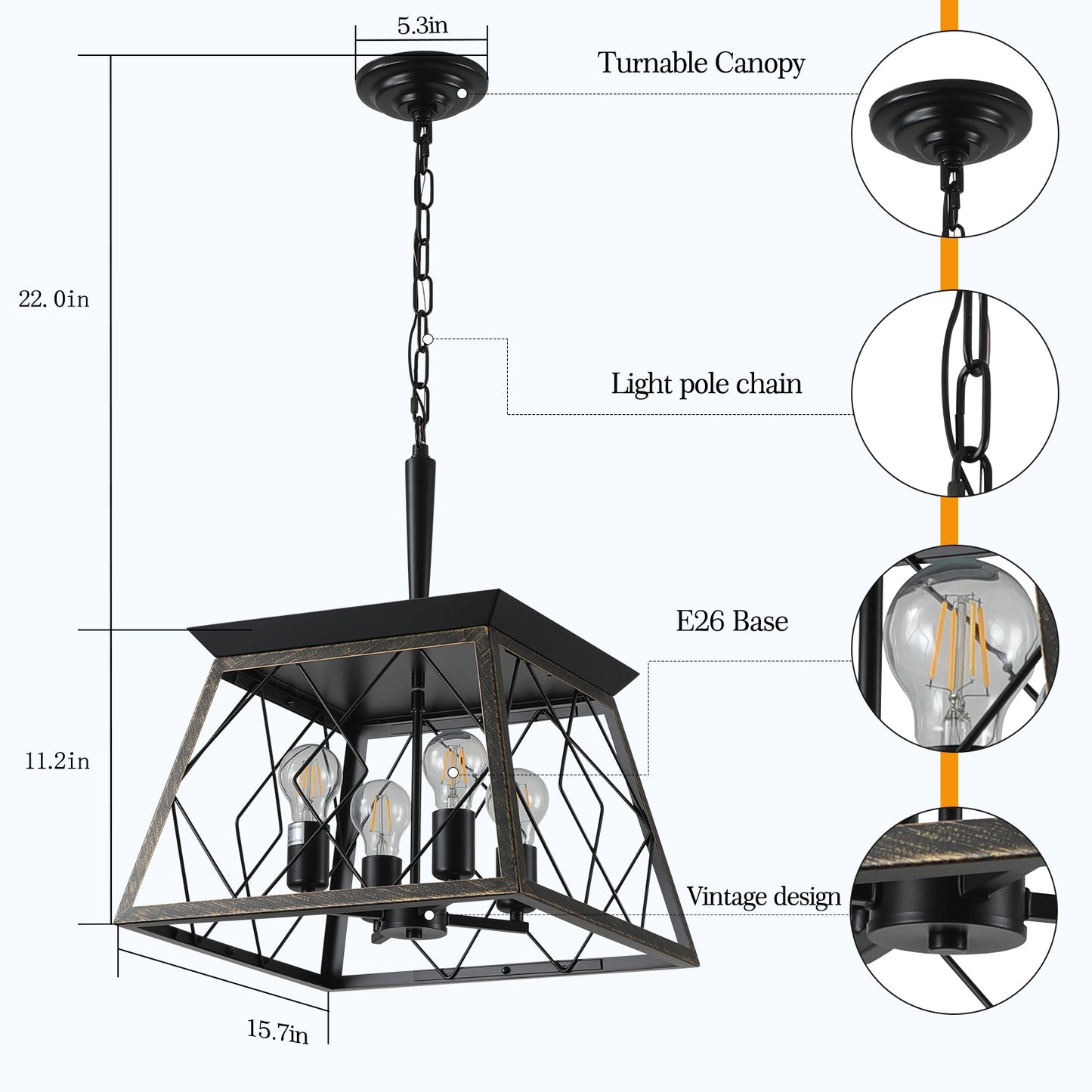 Farmhouse 4-Light Chandelier for Kitchen Island and Dining, Rustic Iron, Adjustable Chain - Golden Black