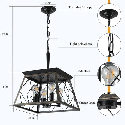 Farmhouse 4-Light Chandelier for Kitchen Island and Dining, Rustic Iron, Adjustable Chain - Golden Black