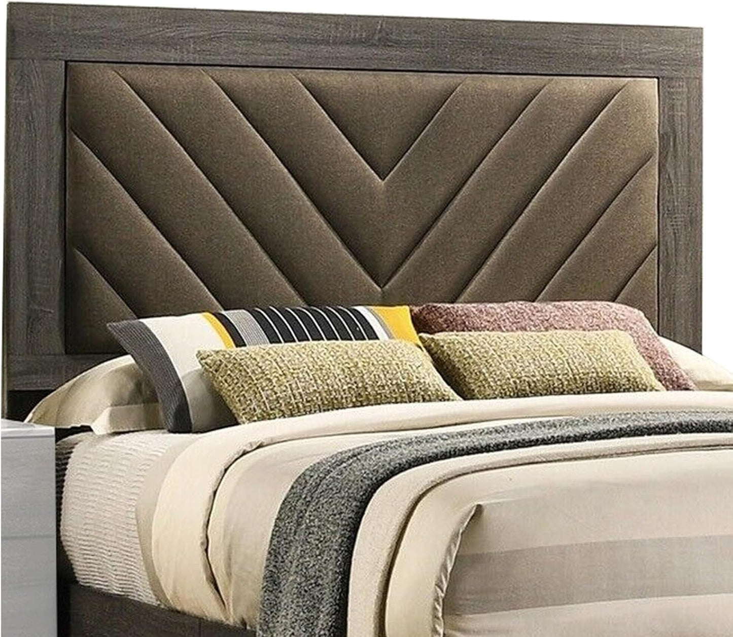 Elegant Gray Upholstered Queen Bed Frame with Rubberwood Construction and Stylish Headboard