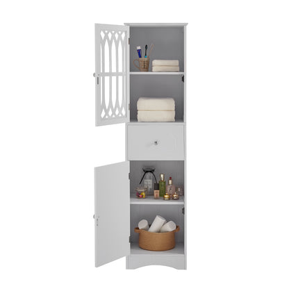 Sleek White Freestanding Bathroom Storage Cabinet with Adjustable Shelves and Drawer
